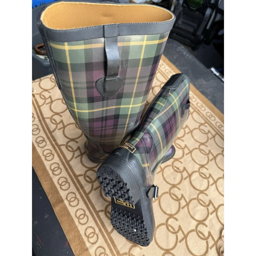 LL Bean Wellie Rain Boots Size 7‎ Plaid Rubber Tall
